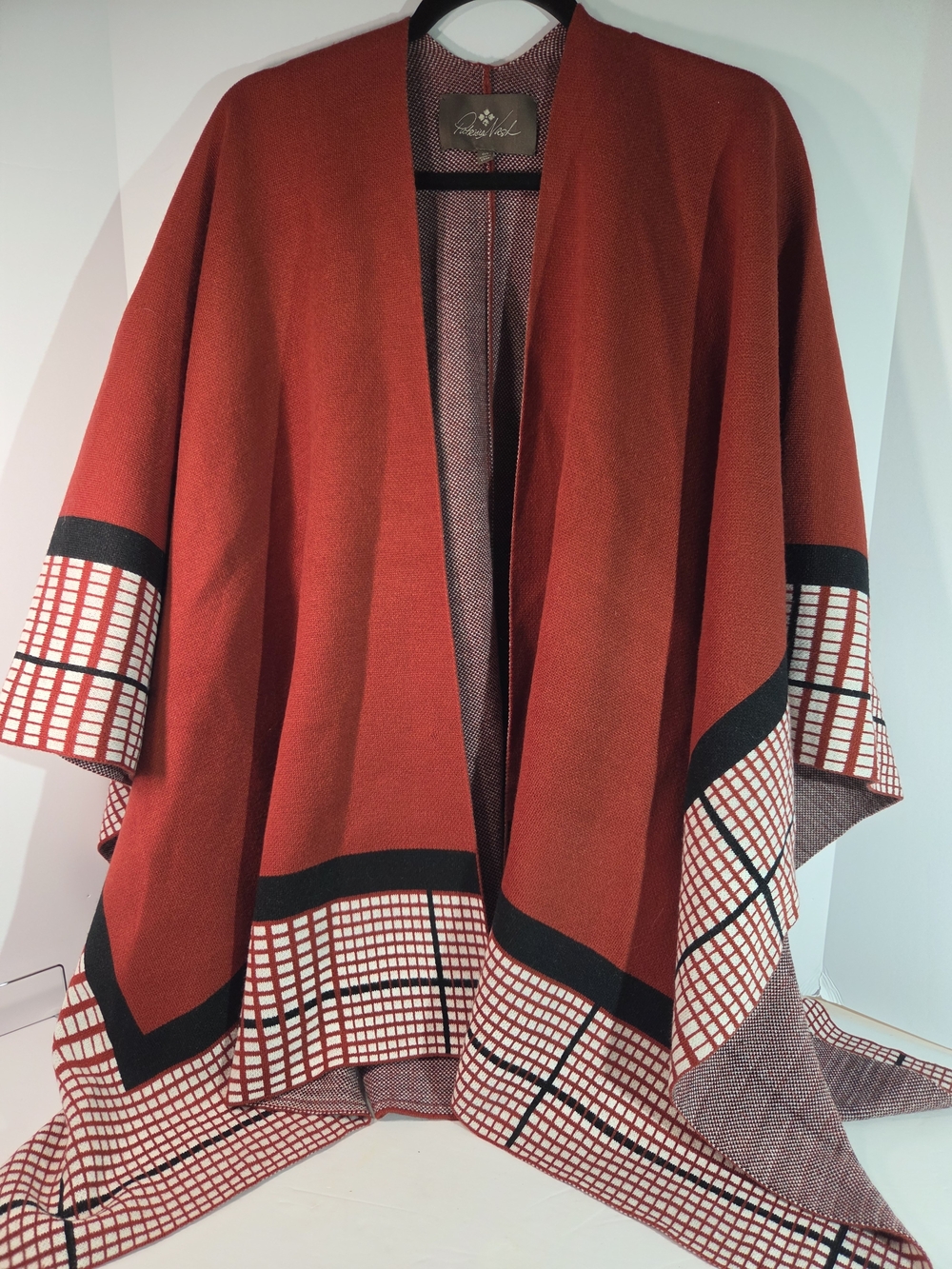 Patricia Nash Ruby Red Crisscross Cape Wrap Colorblock Plaid Grid Knit O/S